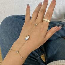 1pc Minimalist Multi-Layered Evil Eye Bracelet Rings, Bohemian Connected Bead Silver-Tone Hand Chain Jewelry Suitable For Parties, Holidays, Vacations, Daily Wear, Finger Chain, Simple Hand Decor