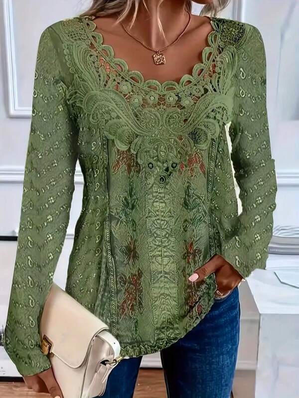 Spring/Autumn New Fashion Floral Print Long Sleeve Lace Patchwork Collar Elegant Women T-Shirt