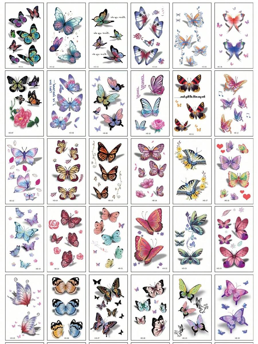 30 pegatinas de tatuajes temporales, exquisitos y realistas en 3D de mariposas de colores y diseño en inglés, adecuados para dedos, muñecas y pequeñas partes del Body, a prueba de agua y duraderos para mujeres