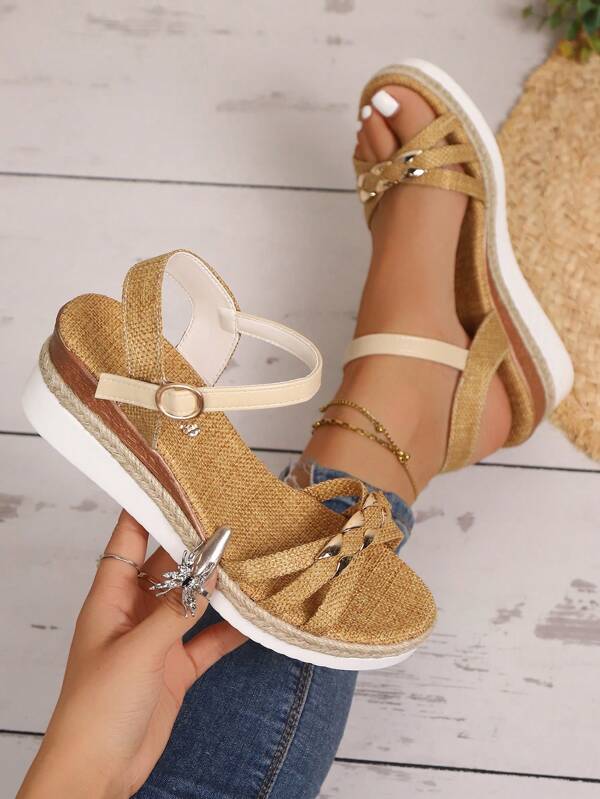Women's Fashion New Wedge Woven Bottom Sandals, Women's Strap Design Thick Bottom Ankle Strap Casual Shoes, Versatile Summer Footwear