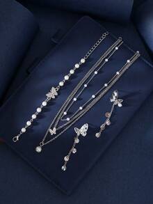 1 套时尚个性化珍珠和蝴蝶多层项链、串珠手链、耳环首饰套装，适合女士 - 銀色 - 查看 2