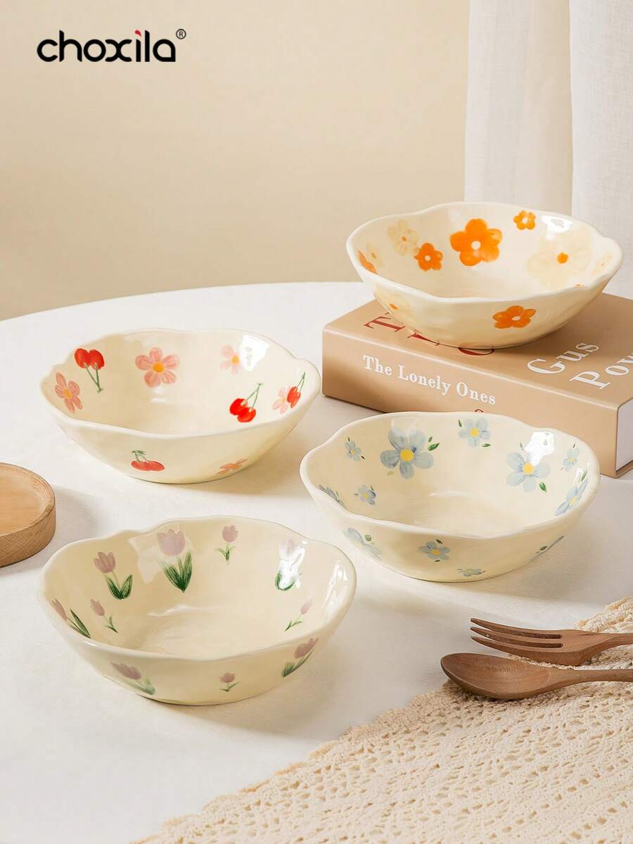 1件花卉陶瓷碗沙拉碗酸奶早餐碗水果碗晚餐碗手绘花碗，学校用品 - 花朵陶瓷碗 - 查看 1