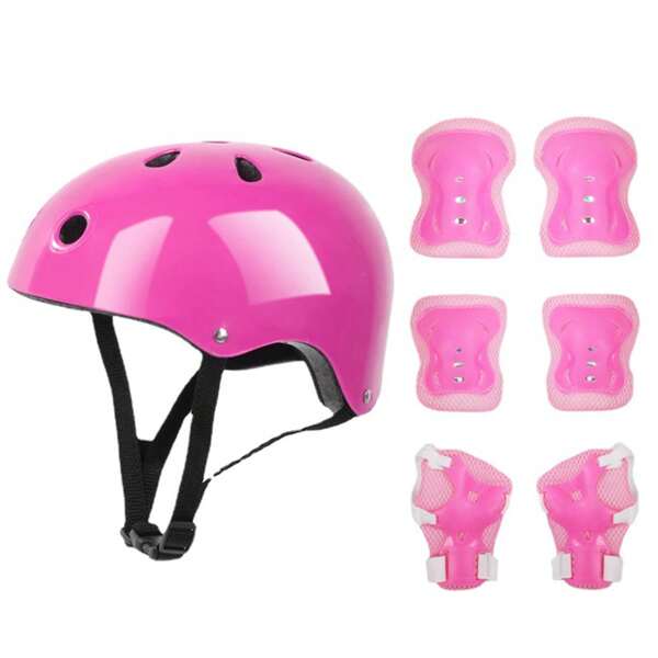 Kinderhelm-Schutzausrüstungsset, inkl. Helm-Ellenbogenschützer, Knieschützer und Handgelenkschützer für Rollschuhlaufen (Pink)