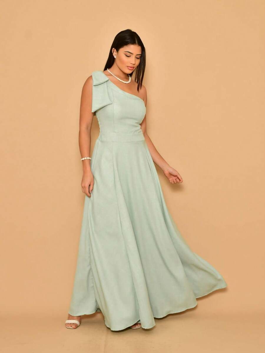 Helena Long Dress Luxury Plain Duna Linen With Bow One Shoulder - Màu xanh Bạc hà - Xem 1