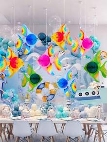 3 件套海洋派对装饰套装，彩虹蜂巢鱼挂饰，室内外多彩海洋风格装饰，生日派对道具，毕业典礼热带鱼派对装饰用品 - 海底/美人鱼/卢奥/夏威夷/生日餐桌中心装饰 - 混合彩色纸质材料 - 彩色 - 查看 4