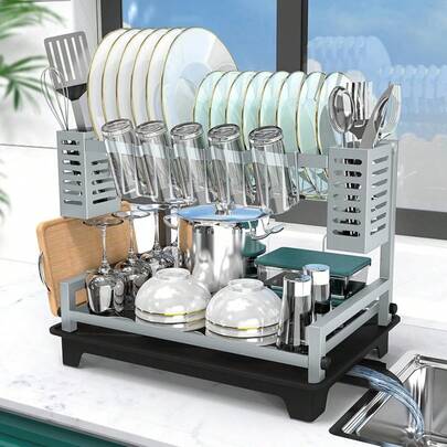 Dish Drying Rack, 2 Tier Dish Racks For Kitchen Counter, Large Dish Drying Rack With Drainboard & Utensil Holders, Rust-Proof Dish Drainers,Kitchen Organization-Cb