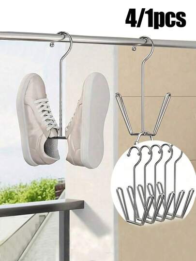 1pc/4pcs/8pcs Stainless Steel Shoe Rack, Metal Shoe Organizer With Hooks, Space-Saving Shoe Storage For Closet, Waterproof And Rust-Proof, Easy Assembly, Multi-Purpose Home And Laundry Shoe Accessories, Minimalist Style, Summer Shoe Drying, Storage Decor, Dorm