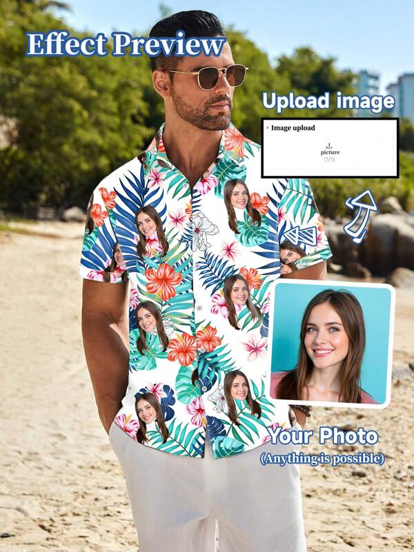 Customized Hawaiian Shirt For Men, Personalized With Fun Designs Like Human Portraits, Children, Pets, Cartoons And Holiday Themes Ornamental,Dawg Stylish,Fashion,Hipster,Contracted,Easy Costume,Modest Fashion,Minimal Chic,Casual Custom,Unique,Personalized Ideal Gifts For Him Family,Boyfriend,Friends,Children