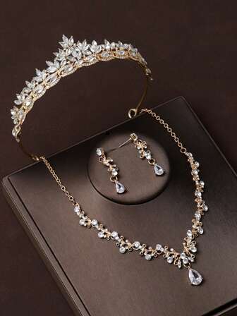 4pcs/Set Bridal Gold Crystal Crown, Necklace, Earrings, Wedding & Party Jewelry Set