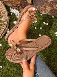 Woven Rope Sole Fashionable Rhinestone Embellished Flat Sandals, Comfortable Casual Summer Beach Slippers For Women, Romantic Vintage Classic Minimalist Leisure Slides, Exquisite Luxurious Roman Holiday Beach Party Round Toe Flat Sandals, Italian Palace Style Sweet Cute Literary Elegant High-End Comfortable And Breathable Lightweight Open Toe Flat Beach Sandals, Forest Style Vacation Lightweight Comfortable Casual Sandals - Apricot - View 3