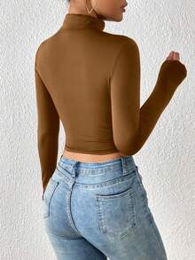 Maré&Cia Cropped Turtleneck Cacharrel Long Sleeve Plain Fabric Second Skin Suplex Polyamide Touch - 巧克力棕 - 查看 2