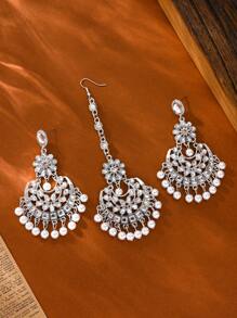 3PCS/Set Fashionable Rhinestone Inlay Forehead Chain,Luxurious Style Faux Pearl Pendant Earrings Jewelry Set Suitable For Women Daily Life, Banquets Wedding Wear