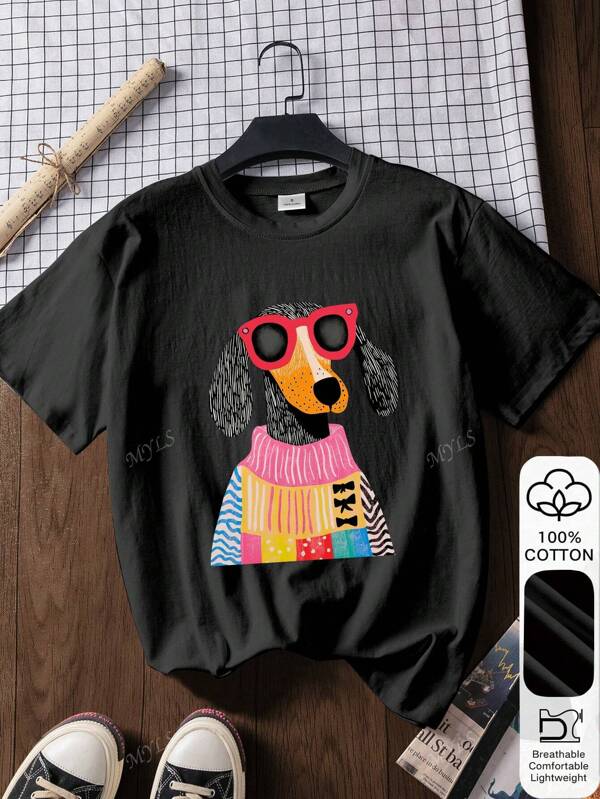 Camiseta gráfica de algodón 100% con estampado de cachorro, de manga corta para mujer, ropa de verano casual