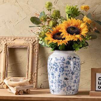 1 st handgjord blå och vit keramikvas, retrostil, issprickmönster, hantverk, för torra eller konstgjorda blommor - perfekt för rumsinredning, heminredning, köksdekoration, bordsdekoration, bordsdekorationer, kontorsinredning