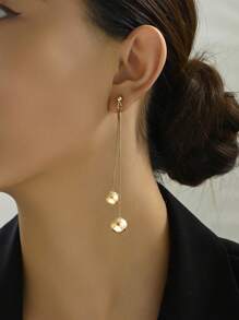 1 Pair Fashion Geometric Golden Double-Line Round Ball Pendant Design Earrings For Women, Unique Personalized Tassel Earrings, Versatile Daily Wear Jewelry