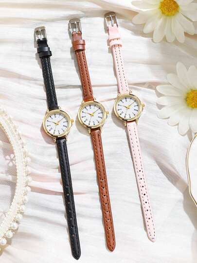 1 件/套简约罗马数字表盘设计皮革表带石英表，适合青少年，可作为生日礼物、万圣节礼物等。