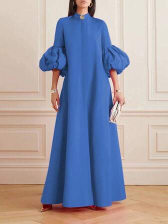 新款春夏秋季优雅法式修身显瘦大码灯笼袖中长款金属花朵纽扣装饰小立领连衣裙，休闲时尚百搭复古优雅修身，女装秋季连衣裙，秋季女装，女装秋季连衣裙，设计裙