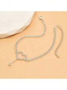 Adjustable Heart-Shaped Ankle Chain - Bohemian Tennis Ankle Chain With Diamond Crystal Layered Bead Design, Suitable For Women And Girls With Adjustable Summer Beach Jewelry, Minimalist Ankle Chain For Weddings/Beach Vacations | Crystal Heart-Shaped Ankle Chain Decorated With Pearl Chains