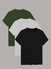 Set de 3 piese pentru femei, mărime plus, culoare solidă, mânecă scurtă, guler rotund, tricou sport casual