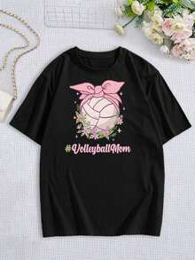 Camiseta de mamá de voleibol femenino - Bonita camiseta gráfica floral de manga corta de mezcla de algodón - Perfecta para el día del partido, espíritu de equipo - Negro - Ver 3