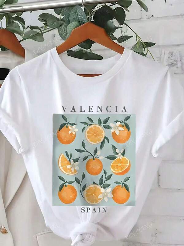 Camiseta casual de cuello redondo de manga corta con estampado gráfico de fruta naranja, ropa de verano para mujeres