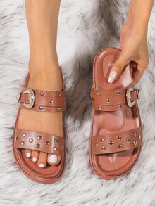 Women's Summer Outdoor Casual Shoes, Beach Shoes, House Slippers, Indoor Slides, Punk Style Rivet Embellished Sandals - Brown - View 2