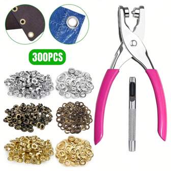 Kit de herramientas para ojales de 6 mm (1/4 pulg. de diámetro interno) con una mezcla de colores dorados/plateados/bronce, que incluye alicates con mango rosa, ojetes metálicos con arandelas y un punzón. Juego portátil de prensa manual de ojetes y remaches para tela, cinturones y ropa.