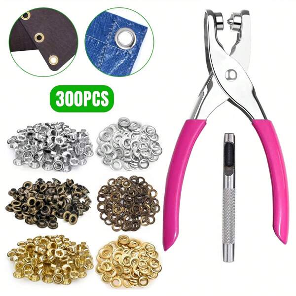 Kit de Ferramentas para Ilhós com Diâmetro Interno de 6 mm (1/4"), Cores Mistas de Dourado/Prateado/Bronze, com Alicate de Manopla Rosa e Ilhoses Metálicos com Arruelas e Ferramenta de Perfuração, Ilhós e Grommet para Tecido e Couro, Punção de Orifício para Lona DIY, Alicate Rebitadora Portátil de Pressão de Ilhós para Couro/Cinto/Roupas