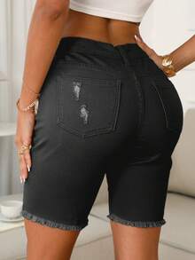 Quần short denim rách lưng vừa màu trơn mùa hè dành cho nữ - màu đen - Xem 3