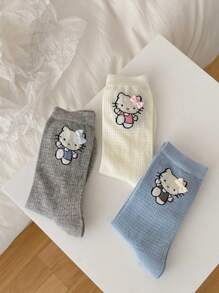 Sanrio 1Pair Sanrio Hello Kitty Women's Mid-Crew Socks | Mesh Cotton Summer Design With 3D Bow Accents (Grey/Blue/Cream), Breathable & Lightweight For Casual Wear, Kawaii Christmas Gift