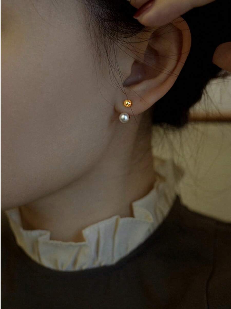 1對簡約銅合金文化假珍珠和珠子耳釘,適用於女士