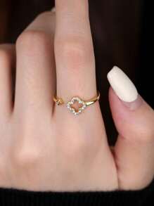1 anel aberto elegante e exclusivo de prata esterlina com zircônia cúbica e trevo de quatro folhas, adequado como presente para mulheres e para uso diário
