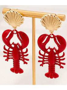海洋生物系列红漆龙虾耳环贝壳耳环女士可佩戴 - 紅色 - 查看 3