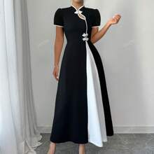 Summer Black & White Contrast Collar Puff Sleeve Cinching Waist Button Down Midi Elegant Office Fitted Dress For Women