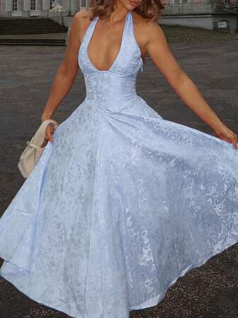 优雅的约会和度假浪漫纹理印花 V 领收腰喇叭中长连衣裙