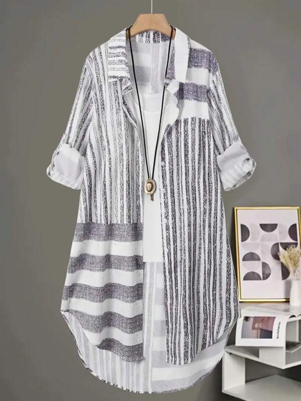 Nieuwe aankomst mode uniek print front button down plus size dames lang shirt