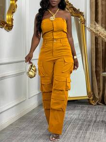 Solid Color Pocket Design Fashion Cargo Jumpsuit - Mustard Yellow - View 2