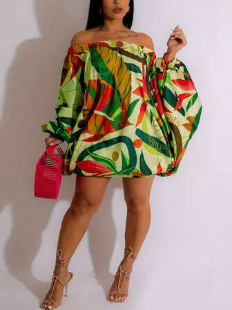 Plus Sized Printed Holiday Style Off Shoulder Dress, Women's Lantern Sleeve Short Skirt