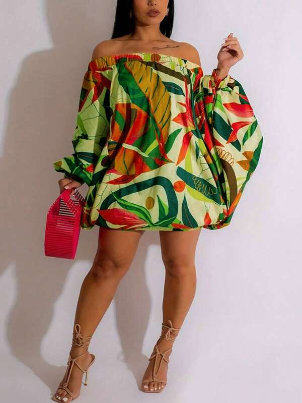 YI XUAN Plus Sized Printed Holiday Style Off Shoulder Dress, Women's Lantern Sleeve Short Skirt