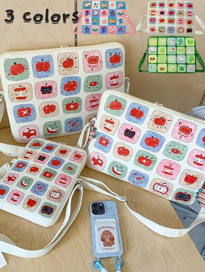 YOONI Koreańska torba na laptopa w stylu INS z uroczym nadrukiem, do noszenia na ramieniu i przez ramię, 2 w 1, odpowiednia na tablety o przekątnej 9,7/10,2/11 cali, laptopy o przekątnej 13/14/15/15,6 cala, artykuły szkolne z wielokolorowym wzorem kreskówkowym, powrót do szkoły