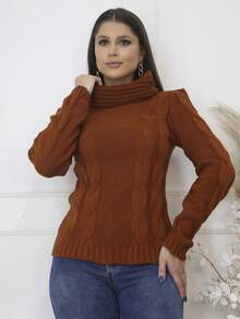 Women's Knitted Blouse High Neck With Front Brace Winter Elegant--- - 鏽棕色 - 查看 1