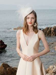 HIMESPORT 优雅米色白色黑色西纳梅头饰帽，带面纱，复古德比礼帽，适合正式教堂、鸡尾酒会、婚礼、新娘茶会等场合，女士适用。 - A - 查看 5