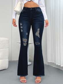 休闲洗水破洞弹力喇叭牛仔裤 - 深色水洗藍 - 查看 2