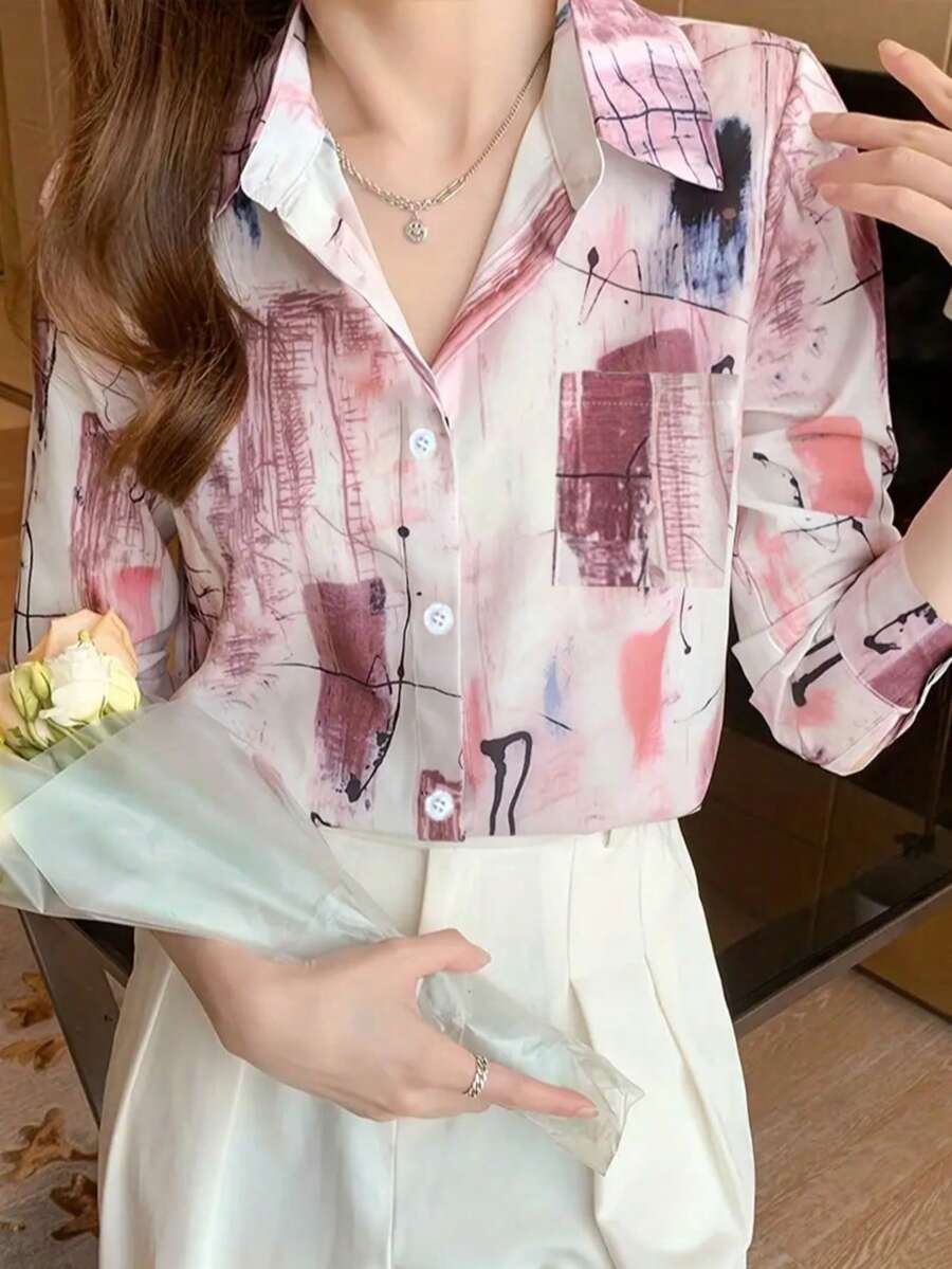 Damen Lässig Pendler Elegant Rosa Graffiti Linie Bedrucktes Hemd Büro Oberteil Langarm Top - Pink - Übersicht 1