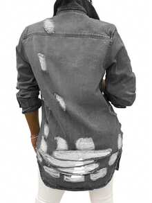 Women's Casual Mid-Length Distressed Washed Denim Jacket, Autumn - Light Grey - View 2