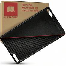 ULTRACHEF Plancha Hierro Fundido Reversible, Previamente Curada |   Plancha Reversible de Hierro Fundido |   Plancha y Parrilla Acanalada de dos Quemadores Rectangular 45 x 26 cm, Negro. - 1 - Ver 4