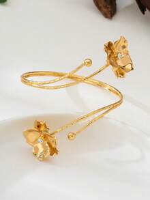1pc Elegant And Chic Gold-Tone Rhinestone Decorated Double Layer Flower Design Bracelet For Women