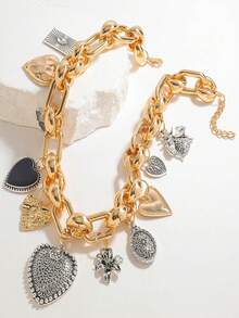 1pc Metal Heart & Butterfly Multiple Pendant Thick Chain Necklace, Goth Style Suitable For Women Everyday Wear - Multicolor - View 5