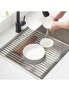 1 pieza Escurridor de cocina multifuncional S/M/L multicolor, con tapete de secado, estante con rodillos antideslizantes, escurridor plegable para fregadero, almacenamiento conveniente, apto para cocina, comedor, acero inoxidable - Multicolor - Ver 4