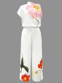 Women Floral Print High Neck Sleeveless High Waist Straight Leg Pants